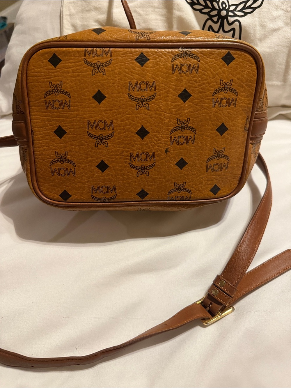 Vintage MCM Cognac Visetos Drawstring Bucket Bag w/ Dust Bag - Picture 10 of 11